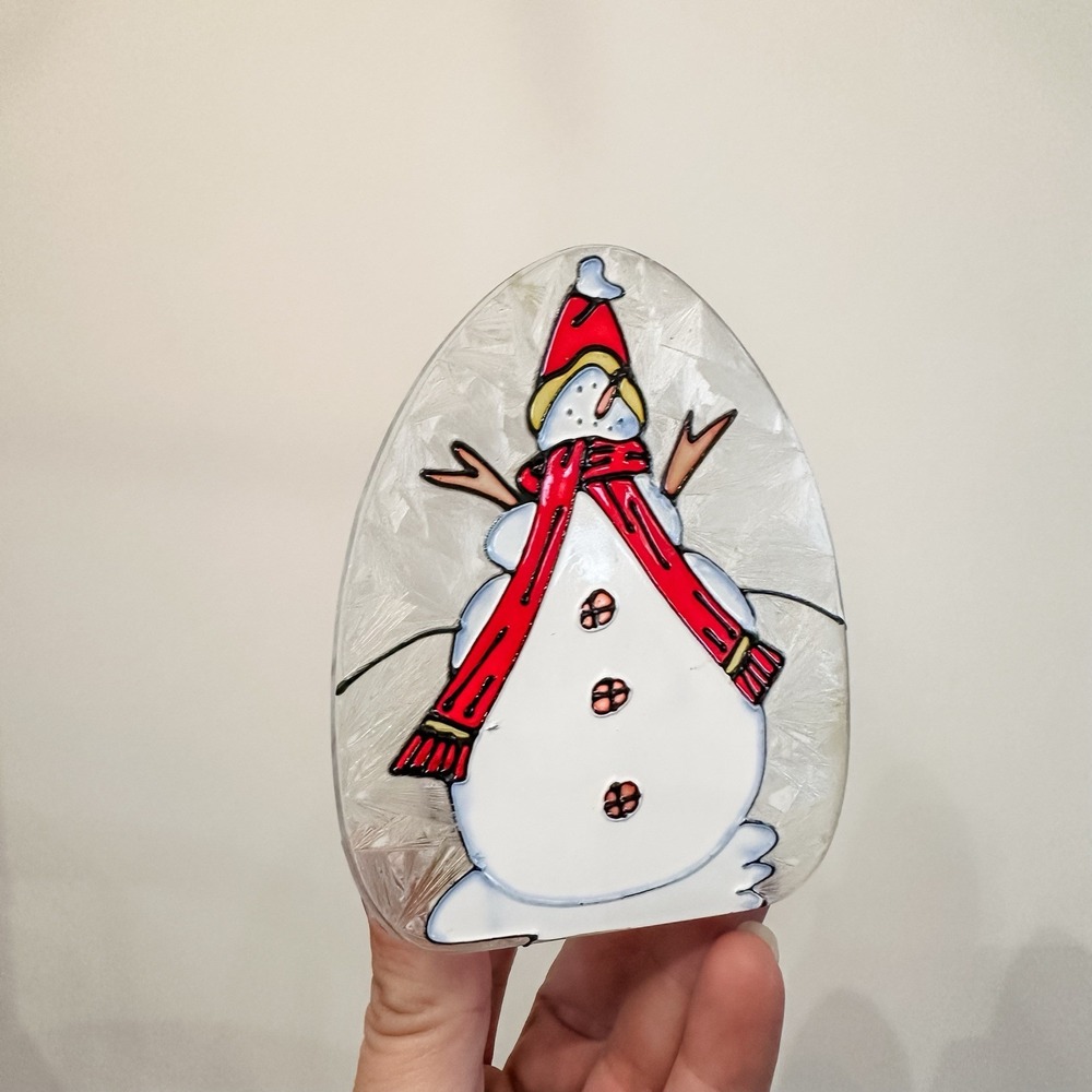VTG Snowman Stained Glass Tea Light Holder‎ 4" Red White
